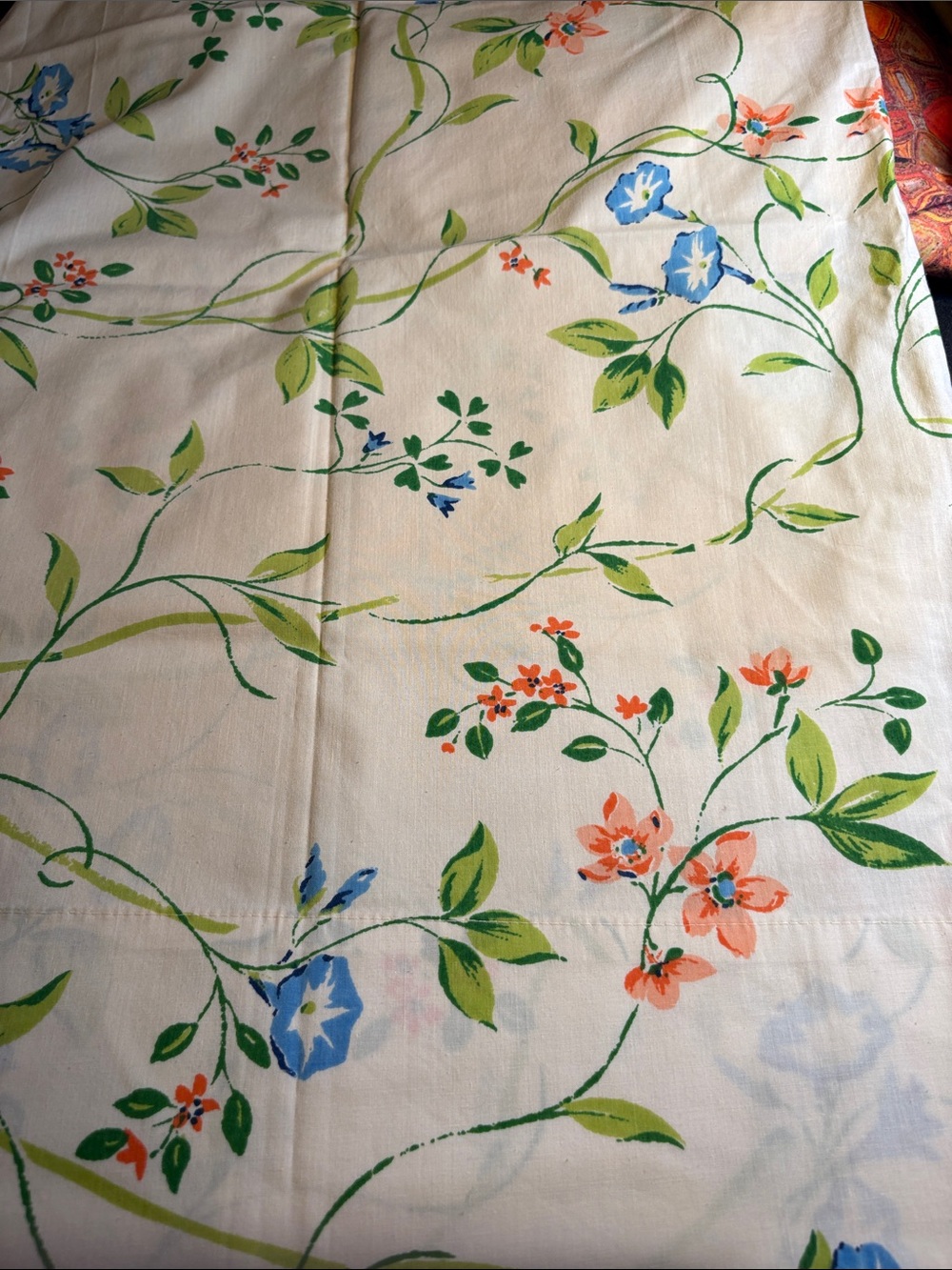Vintage Martex Floral Vine Cotton pillowcase Cream with Blue & Coral Flowers FF